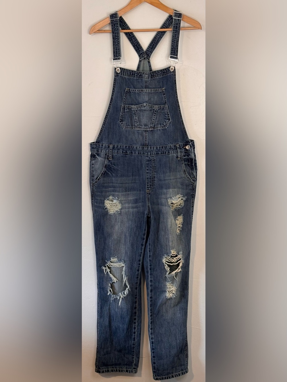 Distressed Women's Denim Overalls - Dark Blue